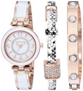 Anne Klein Women's AK/2520RGST Swarovski Crystal Accented Rose Gold-Tone and White Bangle Watch and Bracelet Set