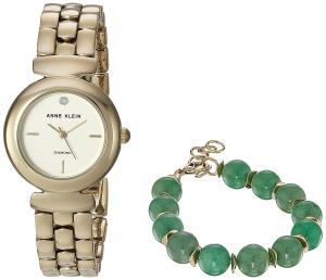 Anne Klein Women's AK/2850JADE Diamond-Accented Gold-Tone Watch and Jade Beaded Bracelet Set