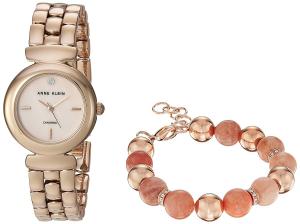 Anne Klein Women's AK/2850SUNS Diamond-Accented Rose Gold-Tone Watch and Sunstone Beaded Bracelet Set