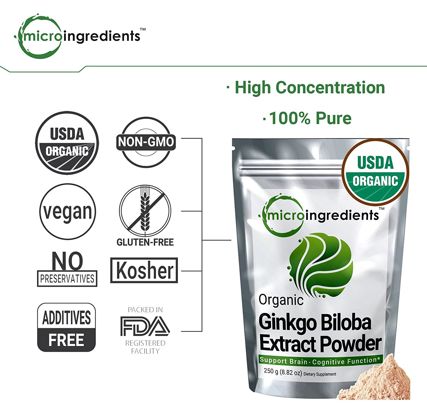 Micro Ingredients USDA Organic Ginkgo Biloba Extract, 500 grams (1.1