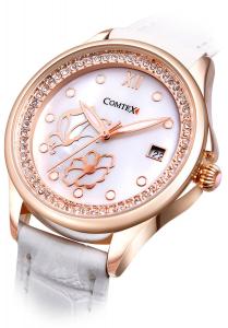 Comtex Women's Watches with Mother of Pearl Dial and White Leather Rose Gold Watches