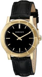 Versace Women's VQA030000 Acron Diamond-Accented Gold-Tone Watch with Black Leather Band