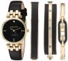 Anne Klein Women's AK/2684BKST Diamond-Accented Gold-Tone and Black Leather Strap Watch and Bangle Set