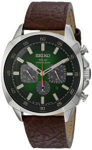 Seiko Men's Recraft Solar Chronograph with Brown Leather Strap and Green Dial