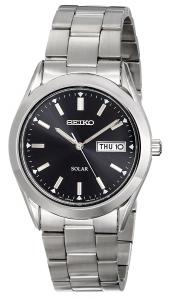 Seiko Men's Silvertone Black Dial Solar Calendar Watch